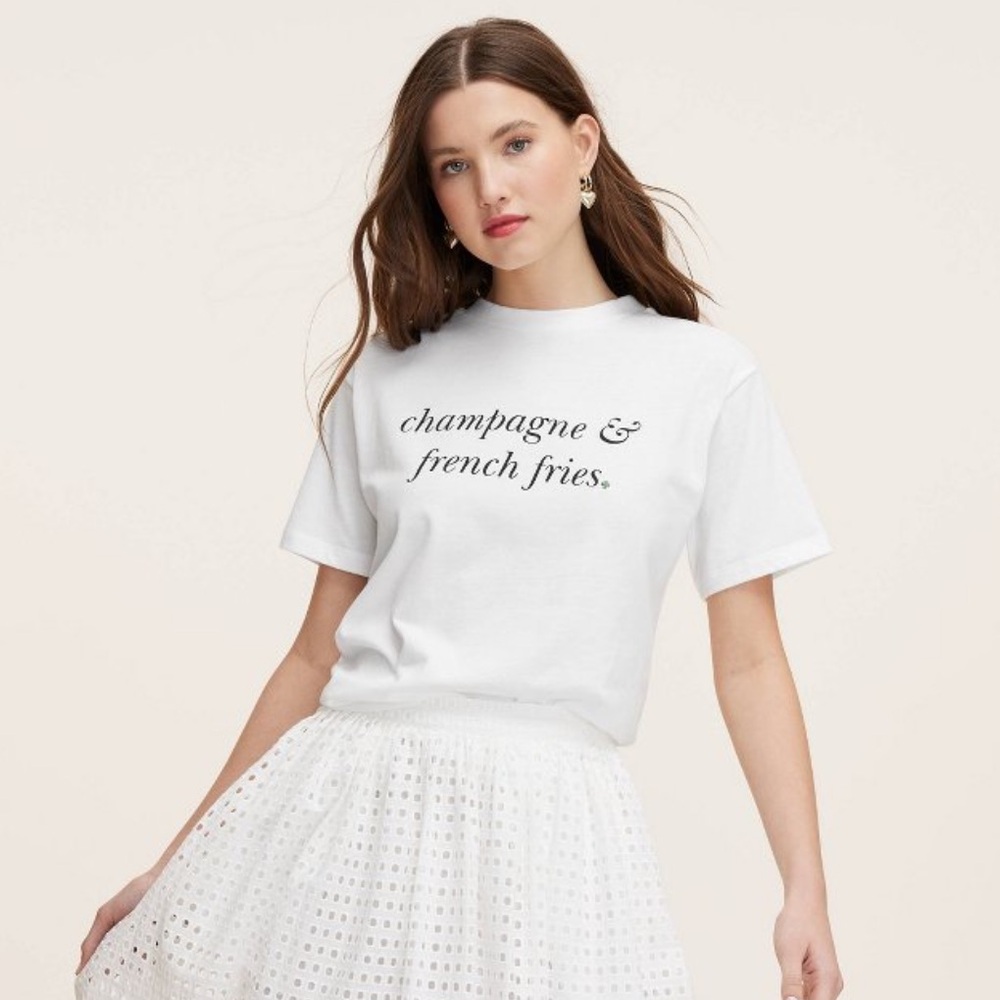Kate Spade CHAMPAGNE & FRENCH FRIES White Short Sleeve Tee ♠️🎯🥂🍟